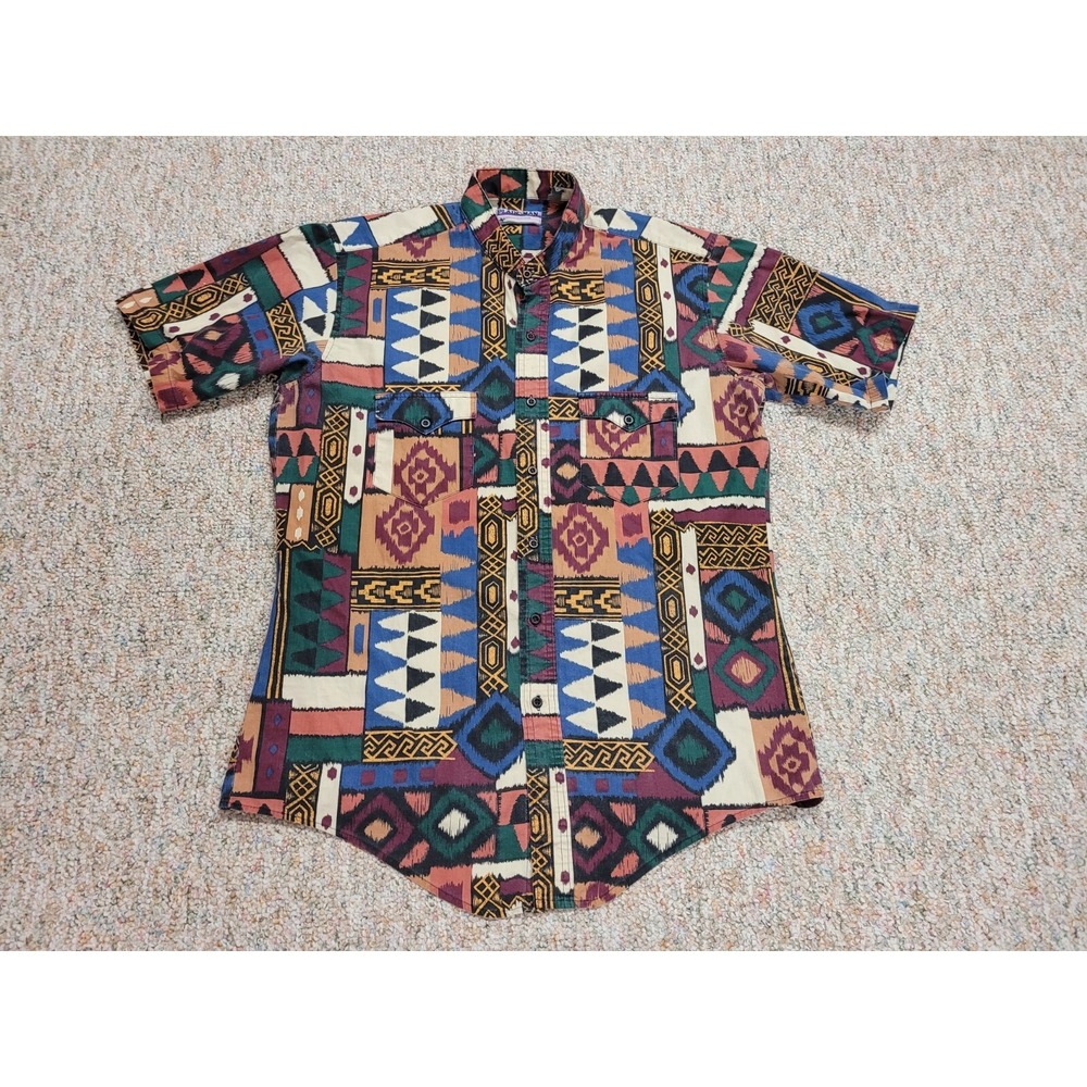Plainsman Aztec Western Shirt Men Large Multicolor Tribal Geometric Short Sleeve